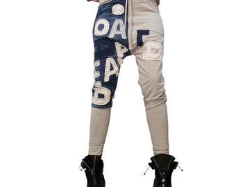 Grey Drop Crotch Harem Pants with Denim Appliqué, Avant Garde Trousers