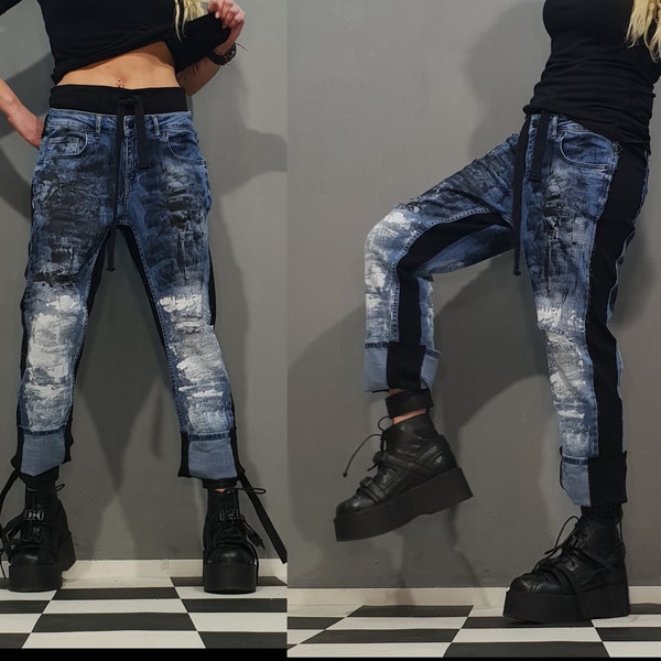 Pantalon en denim décontracté, pantalon en denim extravagant, pantalon sarouel en denim, pantalon en denim ample, pantalon en jean pour femme, pantalon ample extravagant