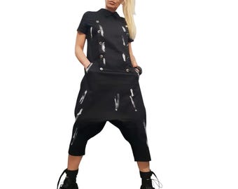 Black Avant Garde Jumpsuit, Painted Harem Outfit, Drop Crotch Pants Women, Loose Cotton Jumpsuit