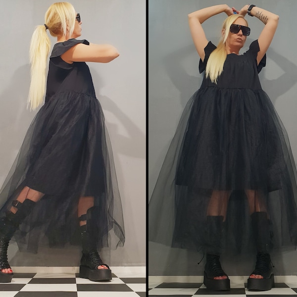 Loose Black Dress/Fashion Dress with Tulle/Extravagant Oversized Dress/Short Sleeve Black Dress/Comfortable Party Dress/Nonstandarddesign