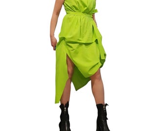 Lime Green Linen Asymmetrical Dress, Avant Garde Draped Waist Tie Dress