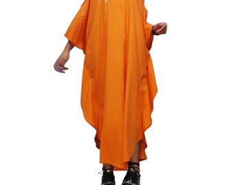 Orange Linen Asymmetrical Maxi Dress, Avant Garde Oversized Cold Shoulder Dress