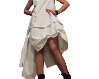 White Asymmetrical Midi Dress, Oversized Avant Garde Sleeveless Wedding Dress