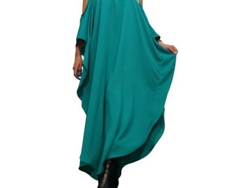Green Asymmetrical Maxi  Dress, Avant Garde Oversized Cold Shoulder Dress