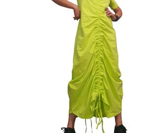Neon Cotton Jersey Asymmetrical Maxi Dress, Adjustable Length Short Sleeve Avant Garde Dress
