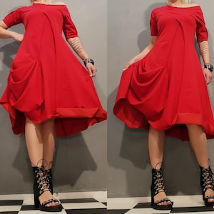 Extravagant Dress/Short Sleeve Dress/Red Cotton Dress/Asymmetrical Dress/Avant-Garde Tunic Dress/Avant Garde Dress/ Comfortable Dress