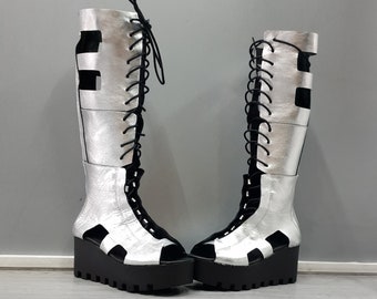 Gladiatorstövlar i läder med platå: Gotiska grungehöga stövlar