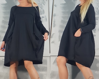 Black Cotton Maxi Dress: Oversized Long Sleeve Tunic