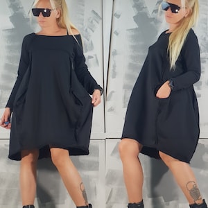 Long Sleeve Cotton Dress, Black Tunic Dress, Extravagant Loose Dress, Grunge Dress, Black Maxi Dress, Oversized Dress, Avant Garde Dress
