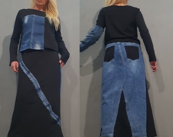 Avant Garde Deconstructed Women's Outfit – Black Cotton Top & Skirt Set, Asymmetrical Design, Comfortable Casual Outfit