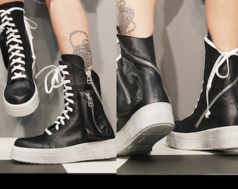 Gothic Leather High Top Sneakers Women | Handmade Grunge Platform Shoes, Punk Streetwear Boots, Black Alternative Fashion Footwear