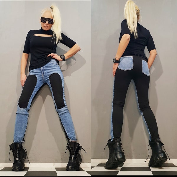 Women Jeans Pants, Extravagant pants, Avant Garde Trousers, Gothic Pants, Pants with Jeans, Casual Pants, Cotton Loose Women Pants