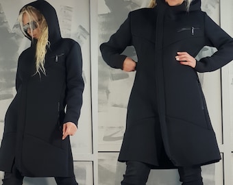 Women Neoprene Coat, Long Neoprenе Sweatshirt, Hoodie Neoprene Jacket, Urban Jacket, Asymmetrical Neoprene Cardigan, Loose Black Sweatshirt