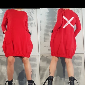 Extravagant Loose Dress, Red Cotton Dress, Tunic Dress, Blouson Dress, Asymmetric Dress, Long Sleeve Dress, Pocket Cotton Dress