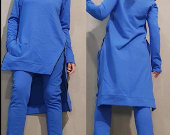 Two Piece Loose Women Outfit, Avant Garde Woman Set, Extravagant Cotton Outfit, Harem Pants, Long Zipper Tunic, Streetwear Edgy Fashion