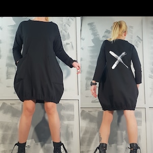 Extravagant Loose Dress, Black Cotton Dress, Tunic Dress, Blouson Dress, Asymmetric Dress, Long Sleeve Dress, Pocket Cotton Dress