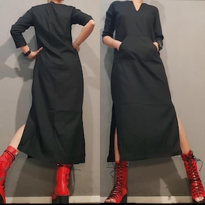 Avant-Garde Black Linen Dress with Pockets – Long Minimalist Kaftan – Oversized Handmade Tunic – Artistic Sustainable Fashion