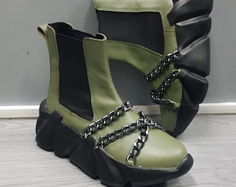 Green Leather Gothic Sneakers: Chunky Platform Chain Boots