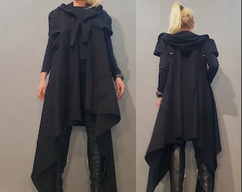 Gothic Hooded Vest – Black Cotton Sleeveless Jacket, Avant Garde Festival Outfit, Alternative Loose Women Fashion, Dark Streetwear