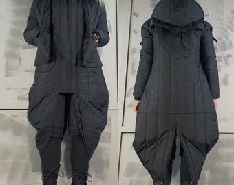 Avant-garde zwarte hoodiejas – lange asymmetrische winterjas, warme winddichte designerbovenkleding voor dames