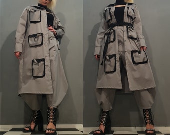 Avant Garde Long Textile Jacket – Extravagant Pocket Design, Loose Fit, Made to Order, Statement Gothic-Avant Garde Jacket