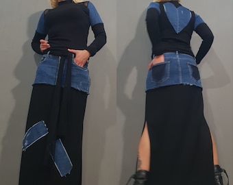 Avant Garde Deconstructed Women's Outfit – Black Cotton Top & Skirt Set, Asymmetrical Design, Made to Order XS–5XL