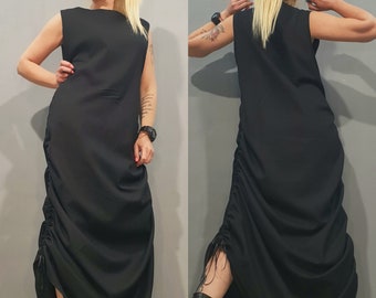 Avantgarde Schwarzes Leinenkleid: Asymmetrische Steampunk Kleidung