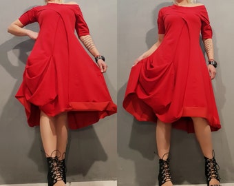 Extravagante jurk/korte mouw jurk/grijze katoenen jurk/asymmetrische jurk/avant-garde tuniekjurk/avant-garde jurk/comfortabele jurk