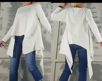 Avant Garde Cotton Tunic: Asymmetrical Deconstructed Long Sleeve Top