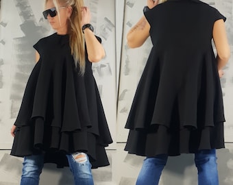 Avant Garde Black Tunic: Asymmetrical Sleeveless Top