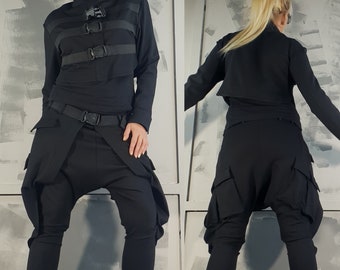 Avant Garde Women's Outfit: Harem Pants & Short Jacket, Extravagant Streetwear Set, Edgy Gothic women Outfit, Two Piece Handmade Outfit