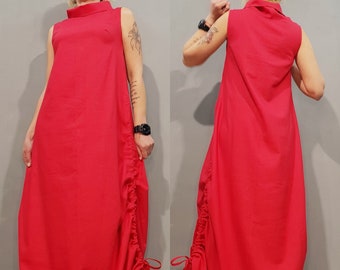 Avantgarde rotes Kleid, Asymmetrisches Kleid, Party Leinen Kleid, Extravagantes Kleid, Gothic Kleid, Rollkragen Kleid, Lockeres Bequemes Kleid