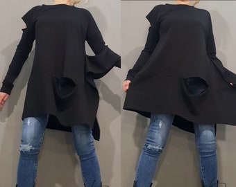 Avant Garde Black Cotton Tunic: Deconstructed Asymmetrical Top