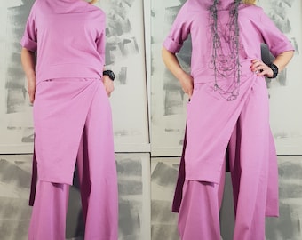 Avant‑Garde Linen Two‑Piece Set – Oversized Tunic & Wrap Wide‑Leg Pants – Plus‑Size Boho Women’s Outfit