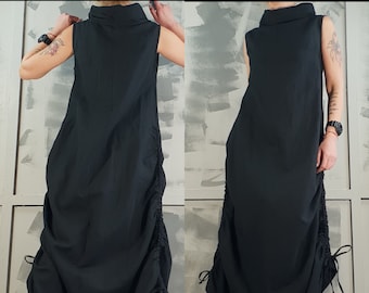 Avantgarde Schwarzes Leinenkleid: Asymmetrische Steampunk Kleidung