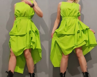 Avantgarde schwarzes Leinenkleid, Asymmetrisches Kleid, Party-Cocktailkleid, Steampunk Kleid, Extravagantes Grünes Kleid, Gothic Leinenkleid