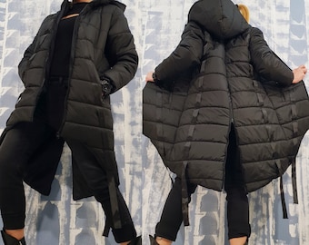 Avant Garde Woman Jacket, Long Hoodie Jacket, Asymmetrical Urban Black Jacket, Extravagant Streetwear Jacket, Winter Designer Jacket