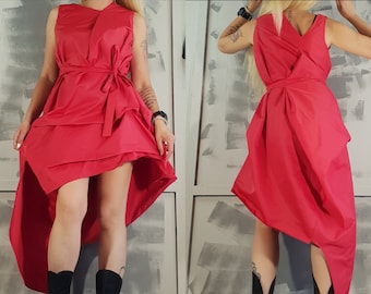 Asymmetrical Red Dress: Avant Garde Steampunk Cocktail Party Dress