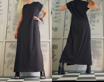 Black Cotton Maxi Dress – Oversized Asymmetrical Avant Garde Casual Long Gown, Extravagant Loose Gothic Tunic Dress Plus Size Fashion