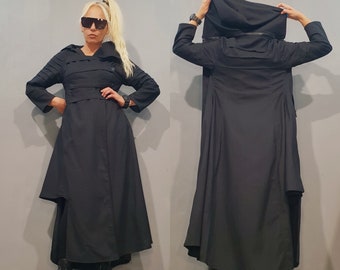 Avant Garde Linen Hoodie Jacket: Asymmetrical Long Coat