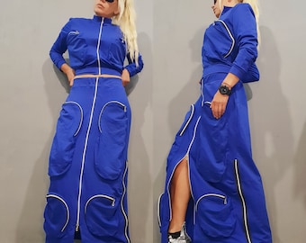 Avant-Garde Cotton Skirt Outfit, Two-Piece Women Jacket & Maxi Skirt, Streetwear Alternative Fashion