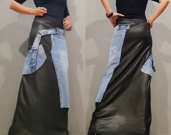 Falda vaquera larga urbana de vanguardia, falda larga asimétrica, estilo urbano con estilo, moda femenina.