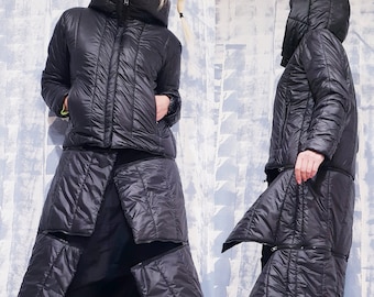 Avantgarde-Schwarzer gesteppter Kapuzenmantel - asymmetrische 3-lange Steppjacke, warme Designer-Winteroberbekleidung für Damen