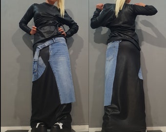 Avant-garde tweedelige set – stropdas en spijkerrok, extravagante rokoutfit, handgemaakte statement dameskleding, op bestelling gemaakt
