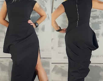Avant Garde Black Dress: Asymmetrical Gothic Steampunk Cocktail Party Dress