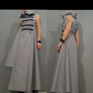 Avant Garde Grey Asymmetrical Dress: Steampunk Gothic Design