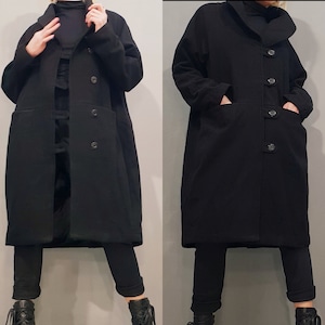 贅沢なコート、オーバーサイズコート、ウールコート、黒のレディースコート、ゴシックコート、プラスサイズの服、冬用コート、ゆったりとしたレディースコート