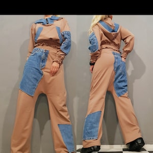 Avant-garde haremset: extravagant katoenen kostuum met jeanspatches