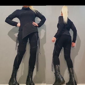 Avant Garde Two Piece Women Outfit, Avant Garde Woman Set, Extravagant Black Leggings, Tight Cigarette Pants, Extravagant Asymmetrical Top