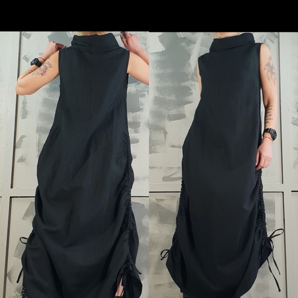 Avant Garde Black Linen Dress, Asymmetrical Dress, Linen Dress, Steampunk Dress, Extravagant Linen Dress, Gothic Dress, Linen Clothing